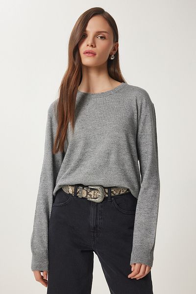 Happiness İstanbul Women's Gray Crew Neck Basic Knitwear Sweater Us01004