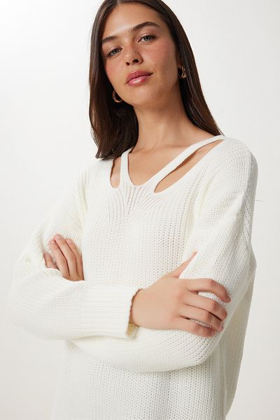 Happiness İstanbul Women's Ecru Cut Out Detailed Oversize Long Knitwear KI00060