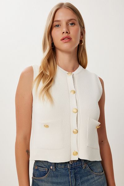 Happiness İstanbul Women's Bone Stylish Buttoned Pocket Knitwear Vest Pf00111