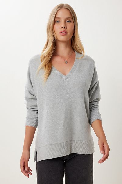 Happiness İstanbul Women's Gray Soft Textured Basic Knitwear Sweater Ub00419
