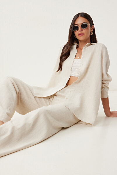 Happiness İstanbul Women's Cream Linen Shirt Pants Suit Fg00061
