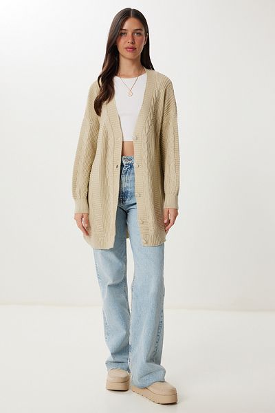 Happiness İstanbul Women's Dark Cream Balloon Sleeve Oversize Knitwear Cardigan Dd01033