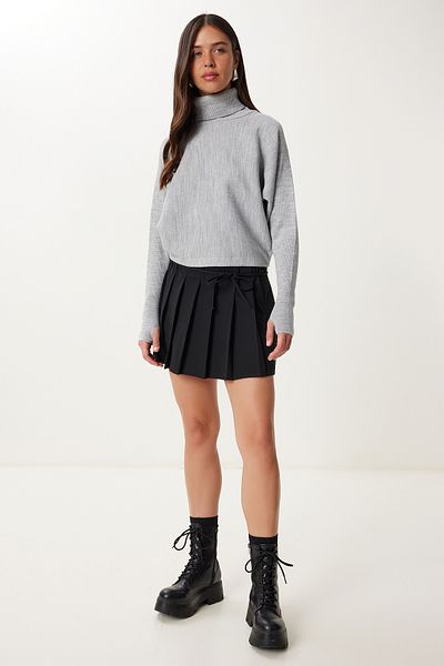 Happiness İstanbul Women's Gray Finger Snap Crop Ribbed Knitwear Sweater Mx00238