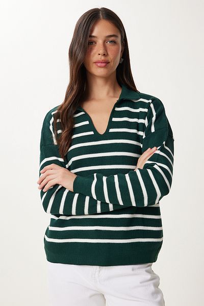 Happiness İstanbul Women's Dark Green Polo Collar Crop Knitwear Sweatshirt US00293