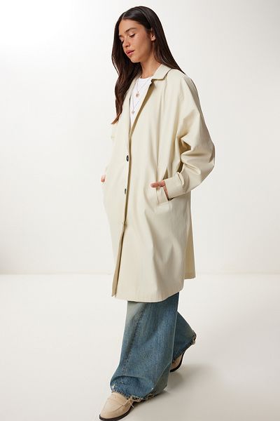 Happiness İstanbul Women's Cream Oversize Woven Trench Coat Fg00054