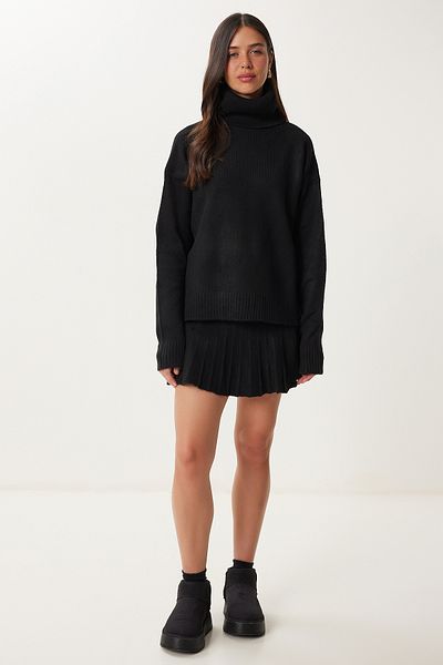 Happiness İstanbul Women's Black Turtleneck Knitwear Sweater Skirt Suit Mt00163