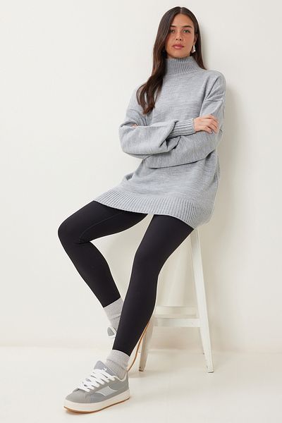 Happiness İstanbul Grauer Oversize-Strickpullover mit Stehkragen für Damen, Basic, YY00167