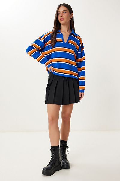 Happiness İstanbul Pulover de damă, albastru portocaliu, cu guler polo, tricotaj în dungi Kİ00145