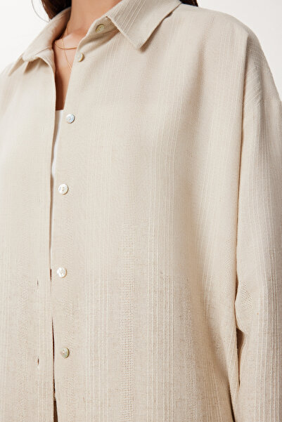 Happiness İstanbul Women's Cream Linen Shirt Pants Suit Fg00056