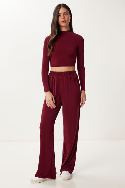 Happiness İstanbul Women's Burgundy Crop Blouse Pants Sandy Suit Dz00132