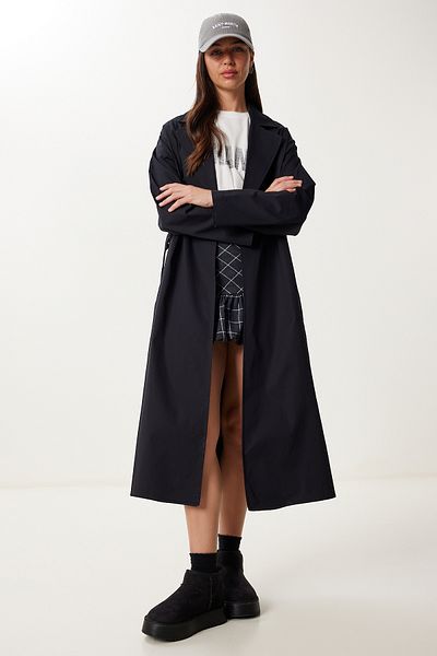 Happiness İstanbul Women's Black Double Breasted Collar Belted Trench Coat Fg00053