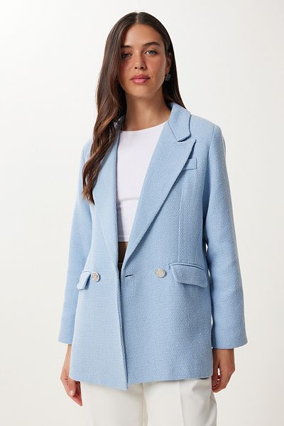 Happiness İstanbul Jachetă de blazer din tweed, căptușită, albastru deschis, cu nasturi, XL00005