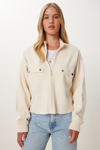 Happiness İstanbul Γυναικεία Κρεμ Πλεκτή Ζακέτα με Κάλυμμα Τσέπης με φερμουάρ MX00246