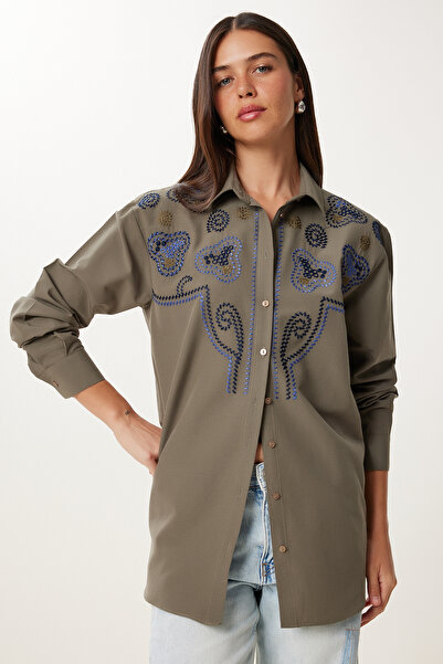 Happiness İstanbul Women's Khaki Embroidery Embroidered Woven Shirt Fg00057