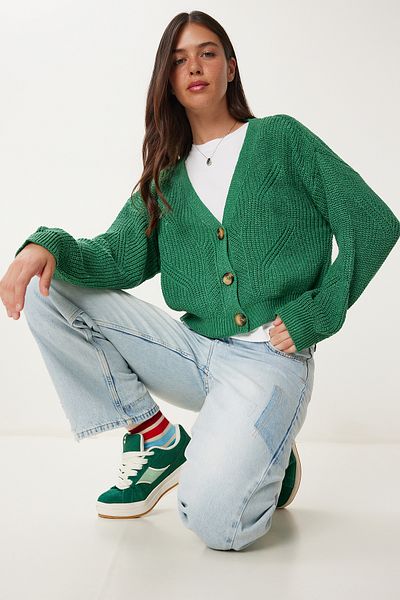 Happiness İstanbul Women's Green Buttoned V-Neck Orlon Cardigan MC00210