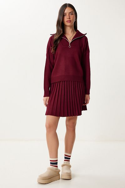 Happiness İstanbul Women's Burgundy Knitwear Sweater Skirt Set Pf00113