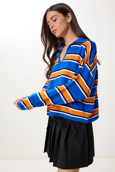 Happiness İstanbul Pulover de damă, albastru portocaliu, cu guler polo, tricotaj în dungi Kİ00145
