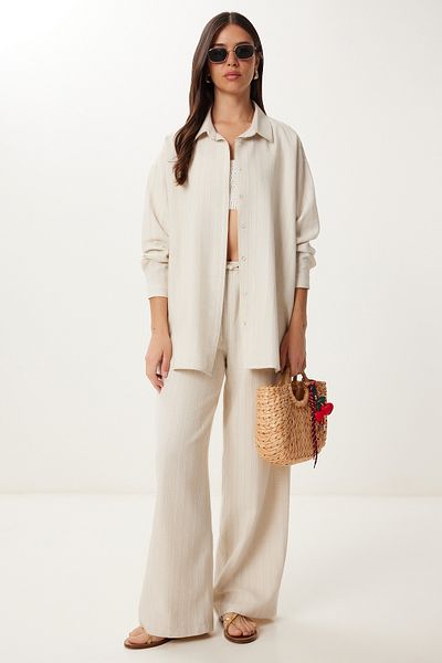 Happiness İstanbul Women's Cream Linen Shirt Pants Suit Fg00061