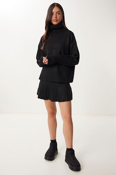 Happiness İstanbul Women's Black Turtleneck Knitwear Sweater Skirt Suit Mt00163