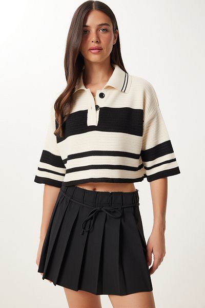 Happiness İstanbul Pulover de damă crem cu dungi negre crop tricotaje MX00242