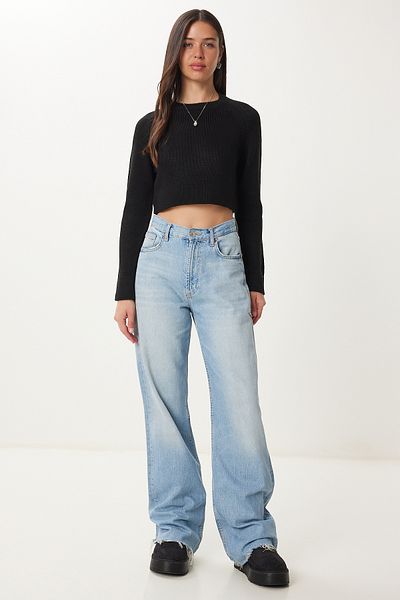 Happiness İstanbul Pulover de damă negru cu gât crop tricot MC00240