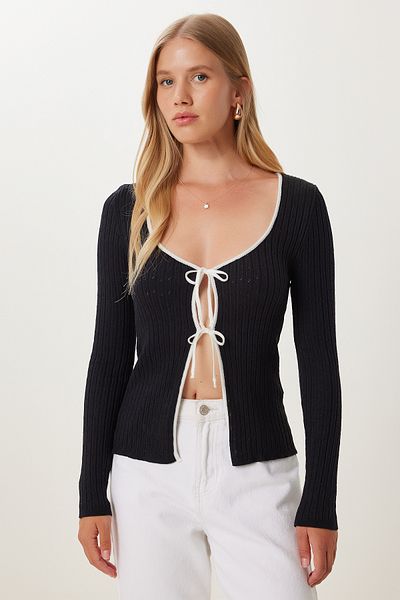Happiness İstanbul Women's Black Contrast Stripe Tie-Up Knitwear Cardigan Ub00418