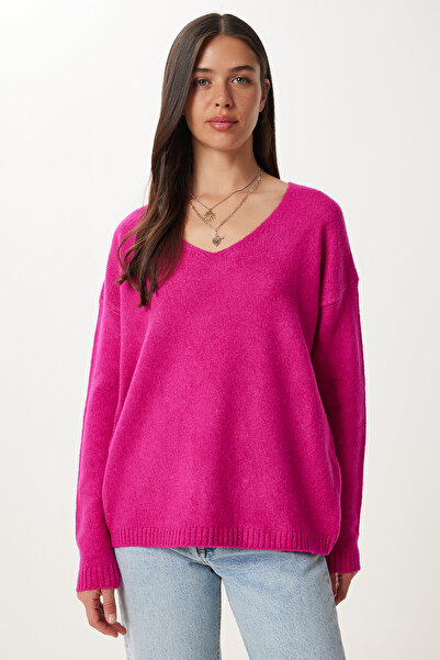 Happiness İstanbul Pulover de damă roz închis cu decolteu în V ZA00063