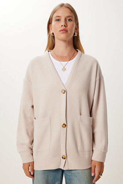 Happiness İstanbul Women's Dark Cream Pocketed Long Knitwear Cardigan Ub00421