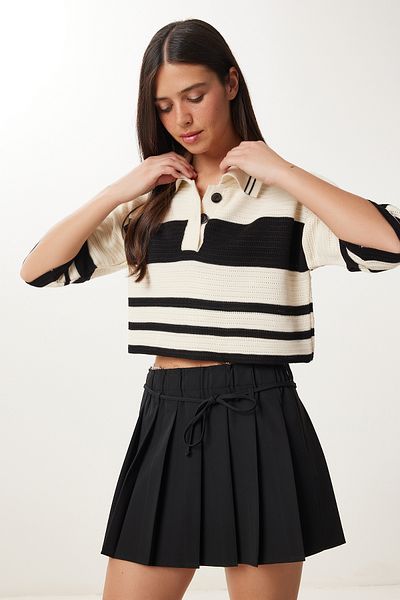 Happiness İstanbul Pulover de damă crem cu dungi negre crop tricotaje MX00242