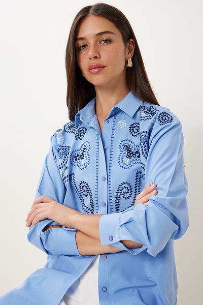 Happiness İstanbul Cămașă țesută broderie albastră pentru femei FG00057