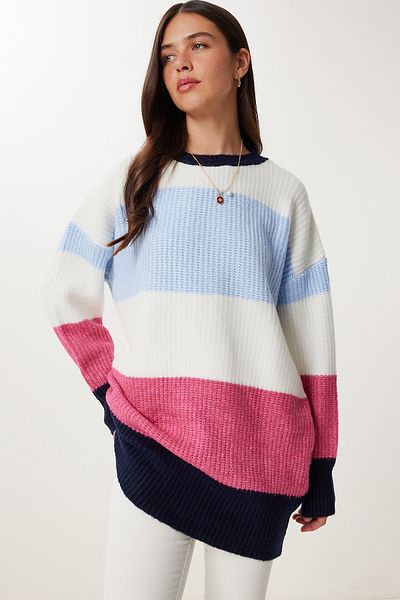 Happiness İstanbul Pulover de tricotaj oversize cu dungi albastre ecru pentru femei MX00241