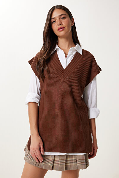 Happiness İstanbul Жіночий коричневий светр з V-подібним вирізом PF00112