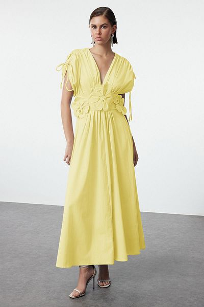 Trendyol Collection Light Yellow 3D Flower Detail Poplin Stylish Evening Dress Night Homecoming Dress Tprss24El00282