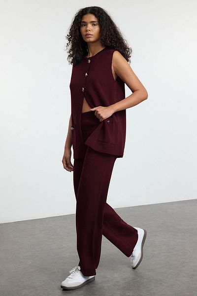 Trendyol Collection Plum Wide Fit Button Detail Vest-Pants Knitwear Top and Bottom Set Twoaw25Au00084