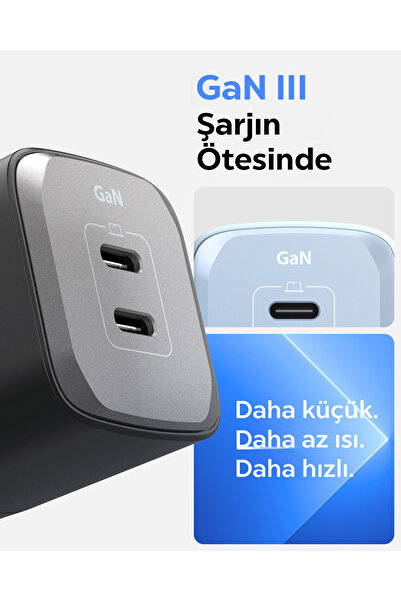 Spigen 65W USB-C 2 Port Mini Hızlı Şarj Aleti Samsung PPS 2.0 / Isı Düşürücü GaN III Akım Korumalı ACH05164
