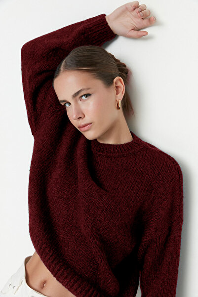 Trendyol Collection Pulover de tricotaj de bază cu textura moale, roșu Claret, model larg TWOAW23KZ00185