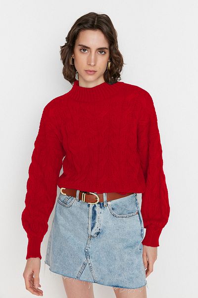 Trendyol Collection Red Crop Stand Collar Knitwear Sweater Twoaw22Kz1634
