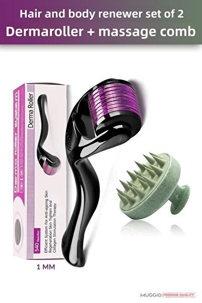 Muggio مجموعة ديرمارولر ومشط تدليك الدش مكونة من قطعتين للعلاج بتجديد الشعر و...