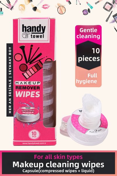 HandyTowel 10 Pack 4.5 ml Liquid - 100% Cellulose Wipes Make-Up Removal and Skin Care Capsule
