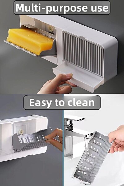 BEYZANA Adhesive Double Compartment Soap Dish with Lid Self Draining Waterproof Solid Soap Holder Soap Box