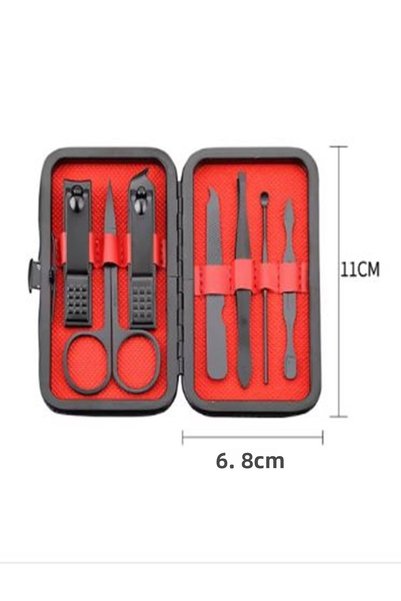 newnet Set of 7 Black-Red Professional Stainless Steel Portable Bag and Travel Size Manicure