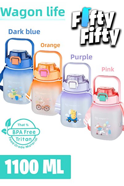 Vagonlife Tritan 1100 Ml Children's Water Bottle with Strap-With/Without Straw-With Sticker Gift