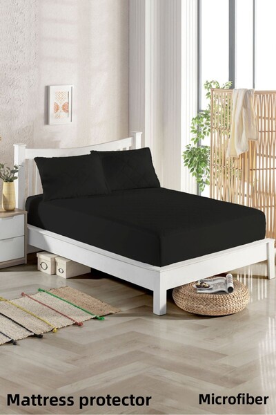 LİNDOA واقي سرير مزدوج من الألياف الدقيقة باللون الأسود - مبطن، مرتبة كبيرة ا...
