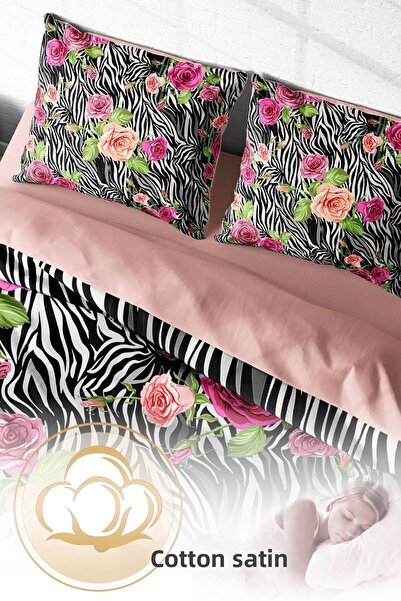 PerlaSera 3D Custom Design - Zebra Flower Duvet Cover Set, Tightly Woven Cotton Satin Double