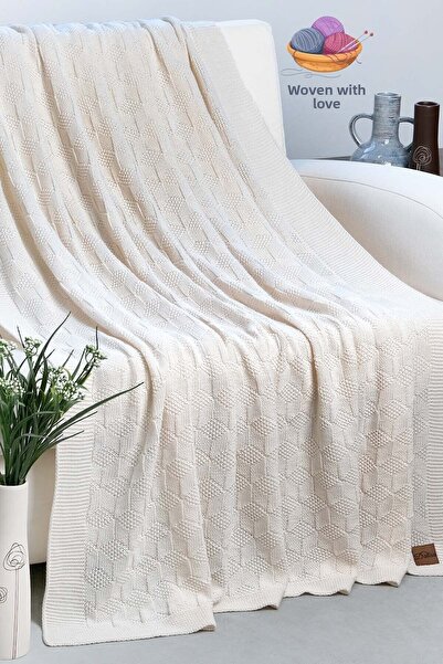 DALİSA Cups Labyrinth Pattern Knitwear Knitted Sofa Shawl White - 130x170