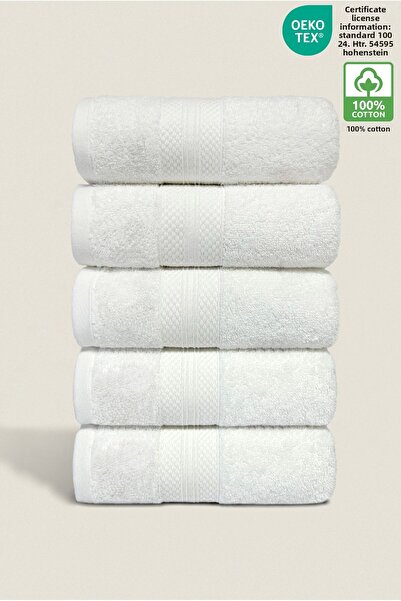 Ellaline 5 Towel Set 100% Cotton Certified, Hand Face Kitchen Towel Set Diamond Pattern Border White 50X80Cm