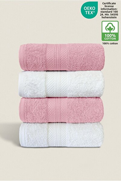 Ellaline 4-Piece Towel Set 100% Cotton Certified, Hand / Face / Kitchen Towel Set White - Pink - 50X80Cm