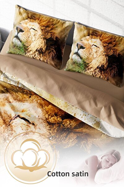 PerlaSera 3D Custom Design - Double Duvet Cover Set, Tightly Woven Cotton Satin, Lion Natural