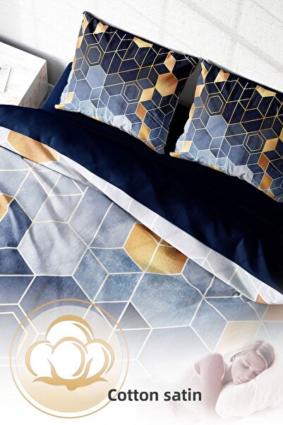 PerlaSera Arty Blue - Double Duvet Cover Set, Tightly Woven Cotton Satin, 3D Custom Design