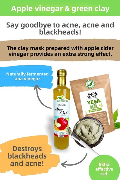 Salda Secret الطين الأخضر 250 جرام + مسحوق قناع الوجه بالطين الأبيض 250 جرام - خل التفاح ساريباهتشة 500 مل